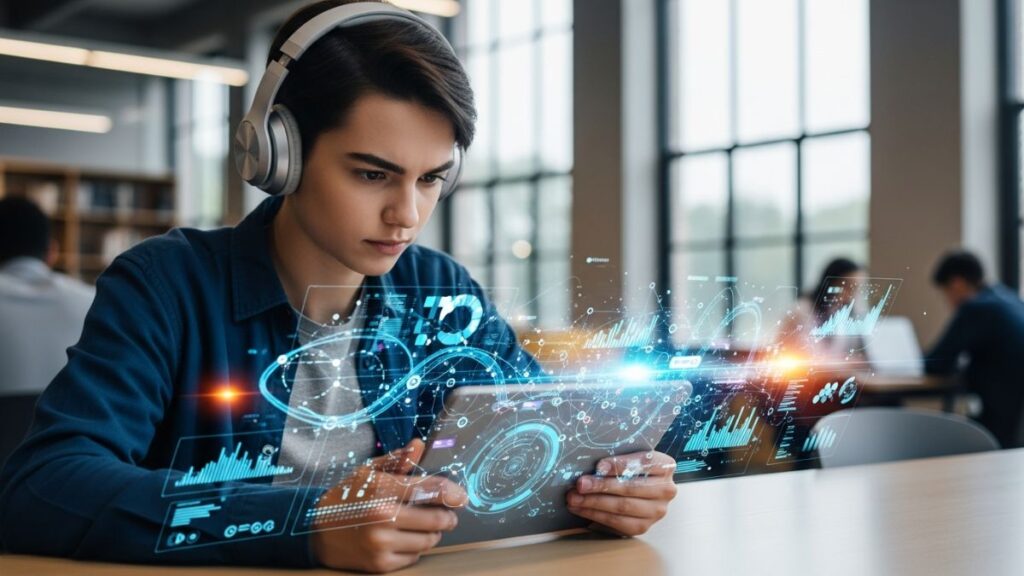 A young person studying intently on a tablet, surrounded by glowing digital learning elements, representing modern online exam preparation.
